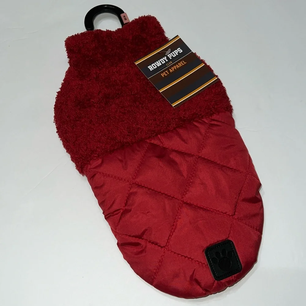 NWT Rowdy Pups Pet Apparel Red Sherpa Fleece & Quilted Dog Jacket XS